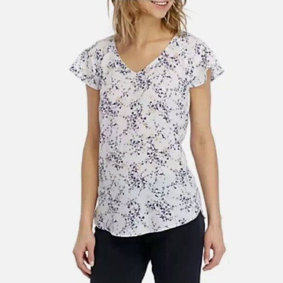 Nine West Blue Beige Crepe Short Flutter Sleeve V-Neck Blouse Size XL - Picture 1 of 11
